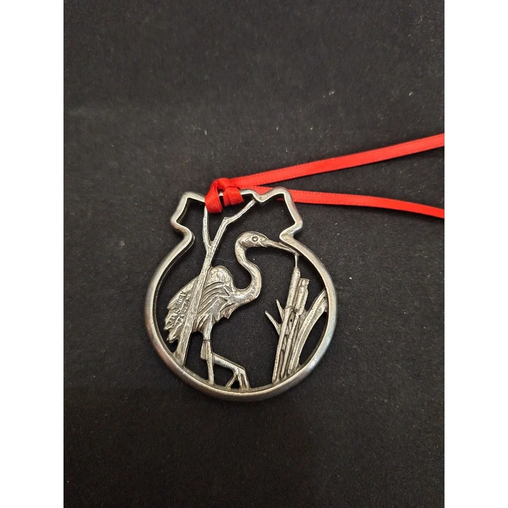 Salisbury Pewter Great Blue Heron Bird Ornament with Red Ribbon Made in USA
